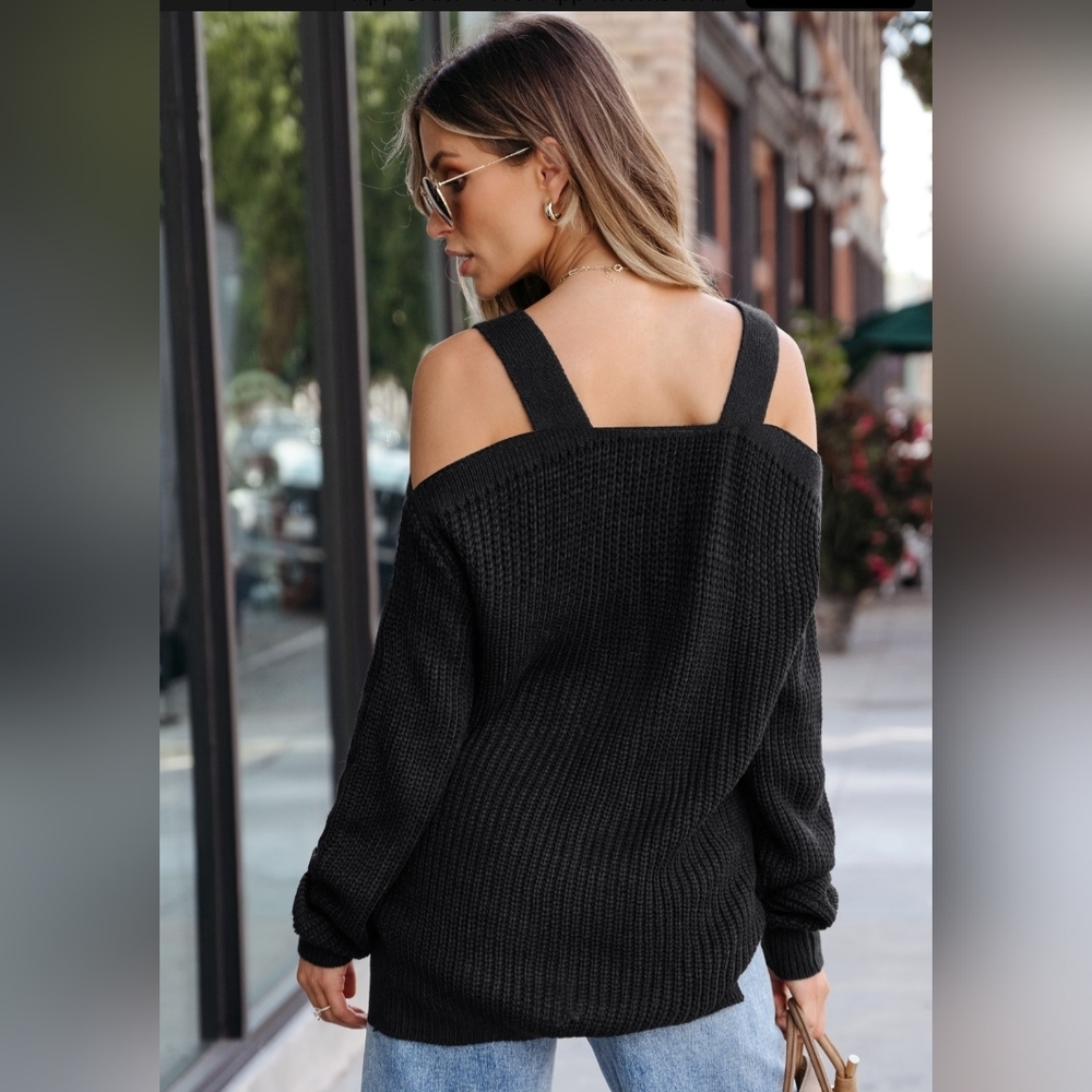 Cupshe Ribbed Open-Shoulder Sweater- In Onyx - Picture 4 of 11